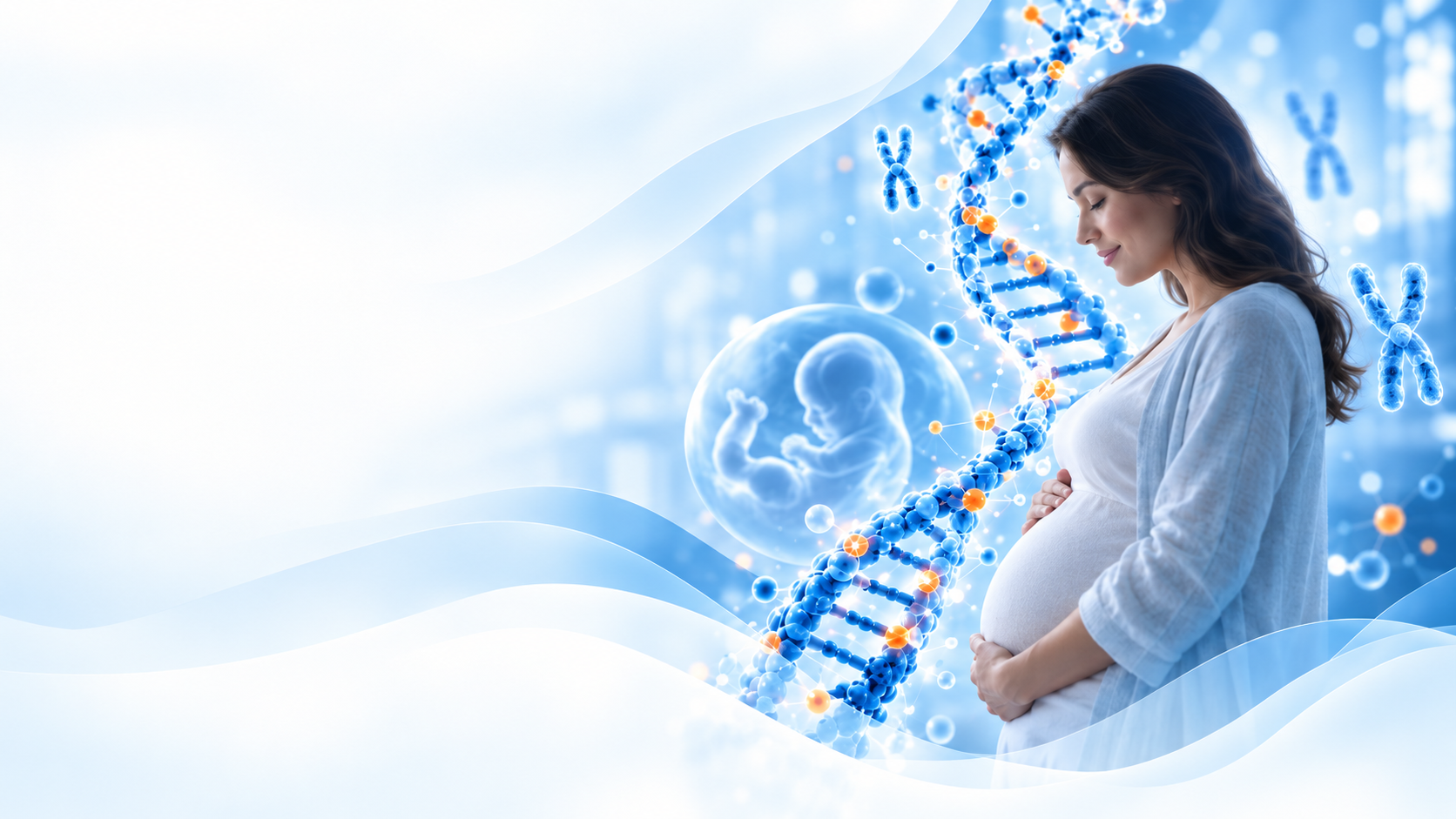 Pregnant woman with DNA and chromosome visualization representing non-invasive prenatal screening