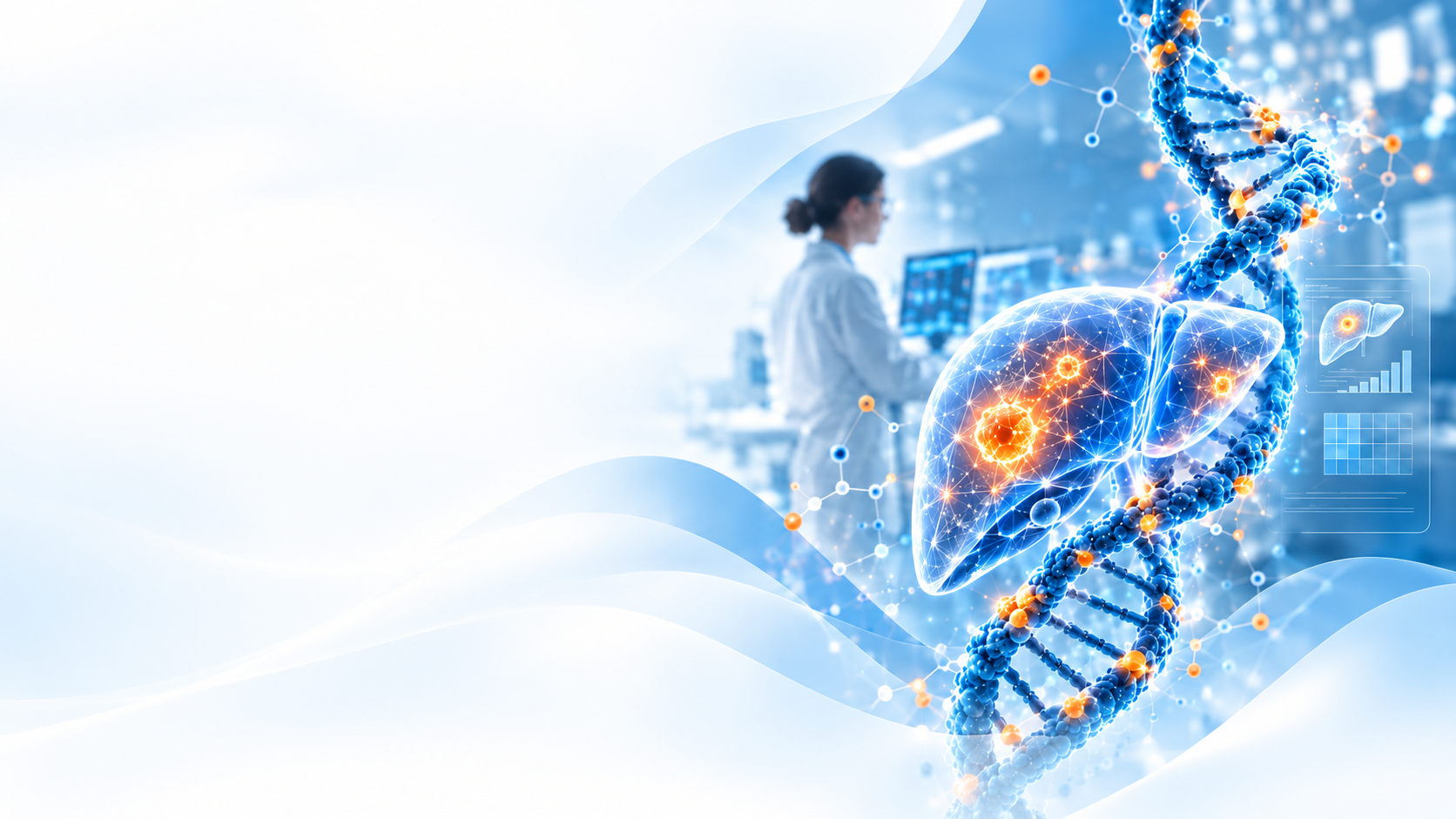Liver molecular diagnostics visualization with DNA representing liver cancer genomic testing