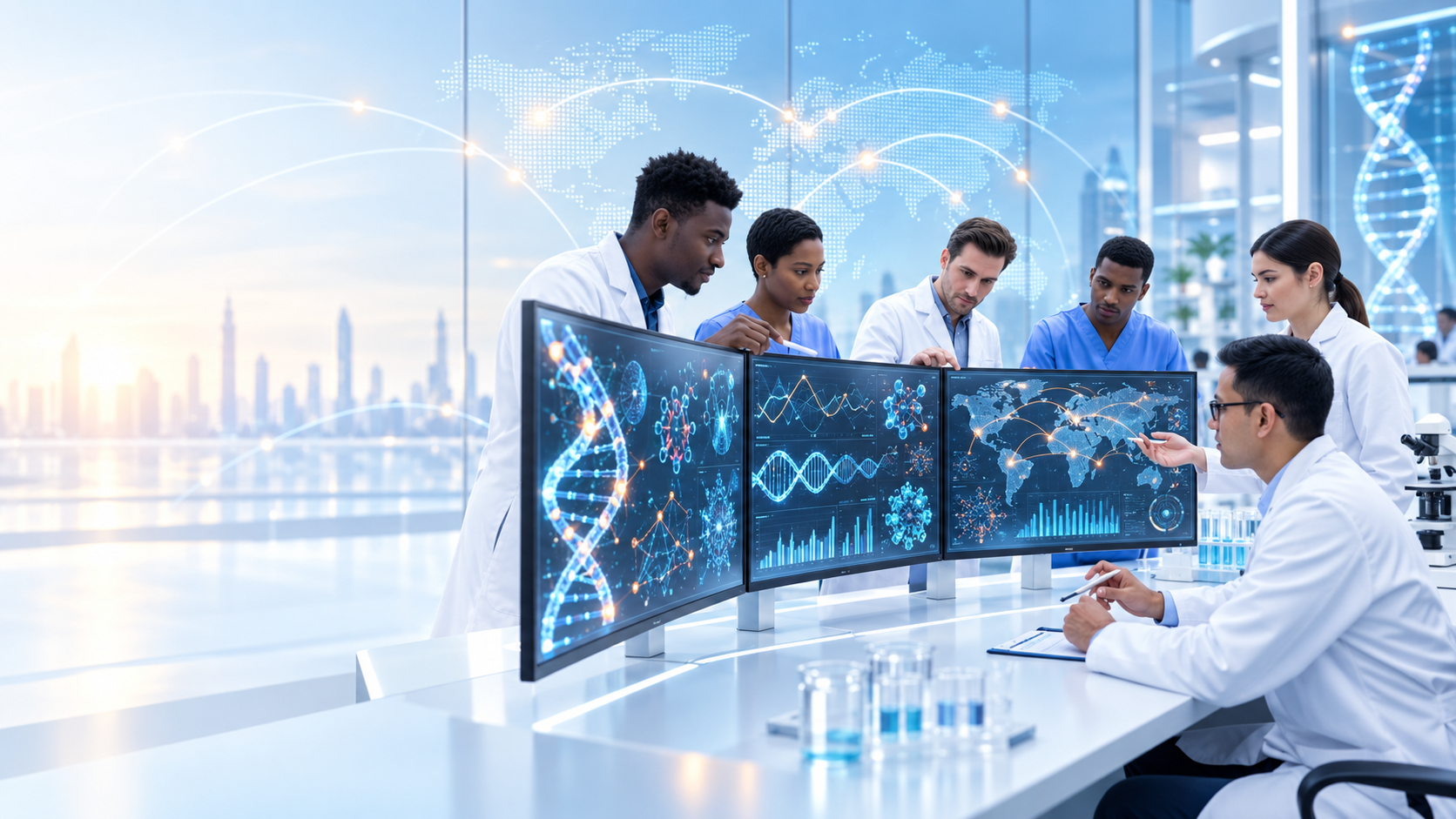 Medical research team working in a clinical genomics environment